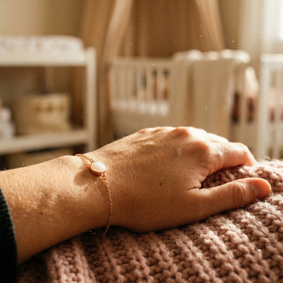 Hand mit filigranem roségoldenem Schmuckstück: ein zartes Armband aus Muttermilch mit milchig-weißem Cabochon-Anhänger im warmen Licht vor unscharfem Kinderzimmer-Hintergrund.
