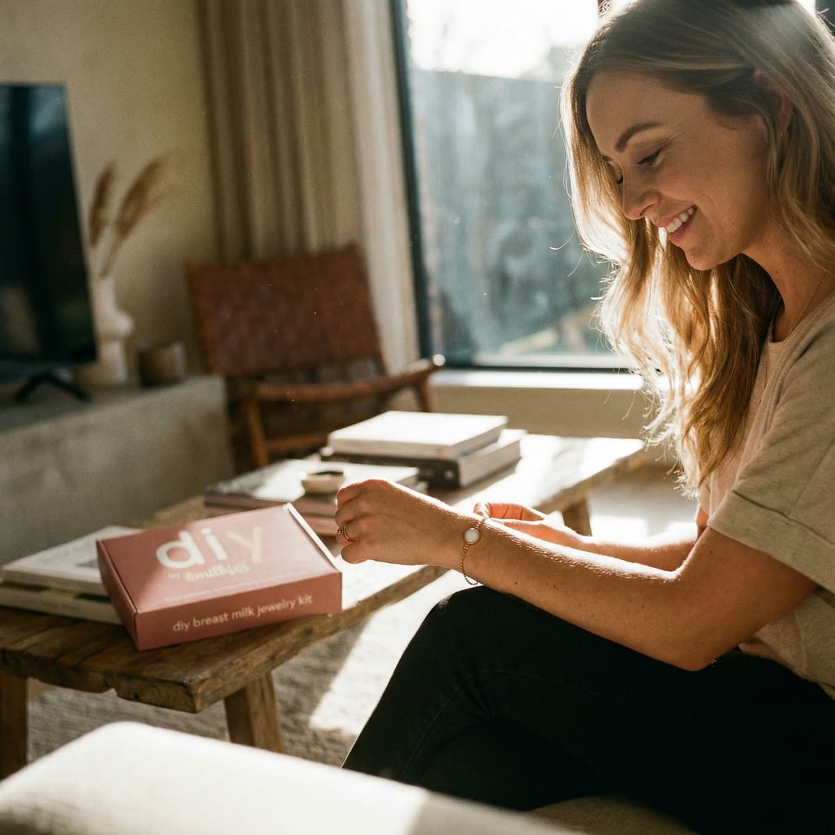 Lächelnde Mutter bastelt in einem gemütlichen Wohnzimmer mit dem DIY by MILKIES Kit ein Armband aus Muttermilch als persönliches Erinnerungsstück – eine praktische Alternative, um das Schmuckstück zu Hause selbst herzustellen.