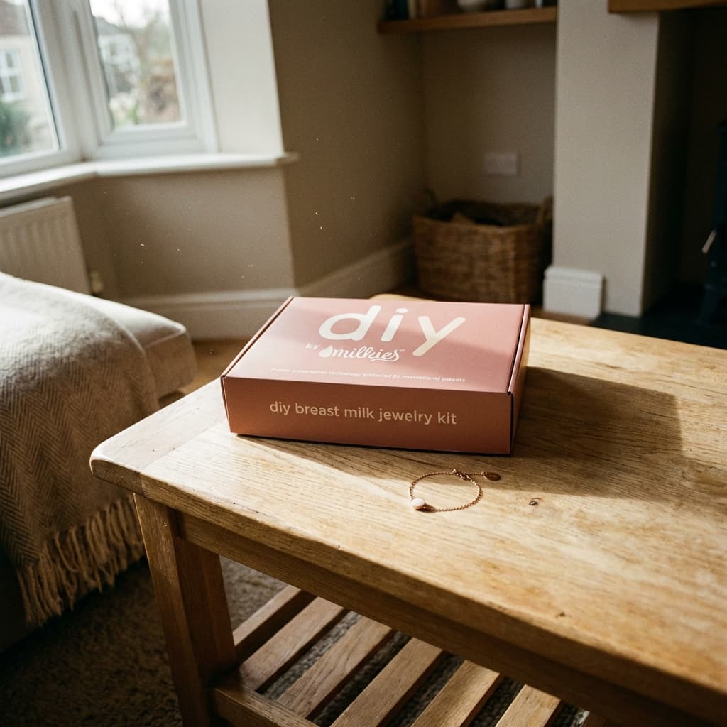 DIY by MILKIES Box „diy breast milk jewelry kit“ auf einem Holztisch im Wohnzimmer neben einem zarten Schmuckstück – ideales DIY Kit Muttermilch Armband zum Selbermachen eines persönlichen Andenkens.