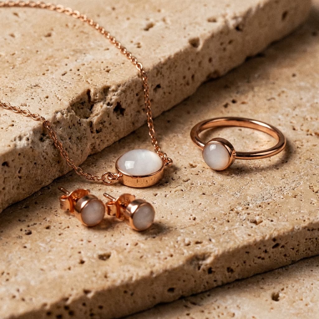 Elegantes Schmuck-Set in Roségold mit milchig-weißem Stein, Ring, Halskette und Ohrstecker als Beispiel für ein DIY Kit Muttermilch Armband und personalisierte Muttermilch-Erinnerungsstücke auf beigem Stein arrangiert.