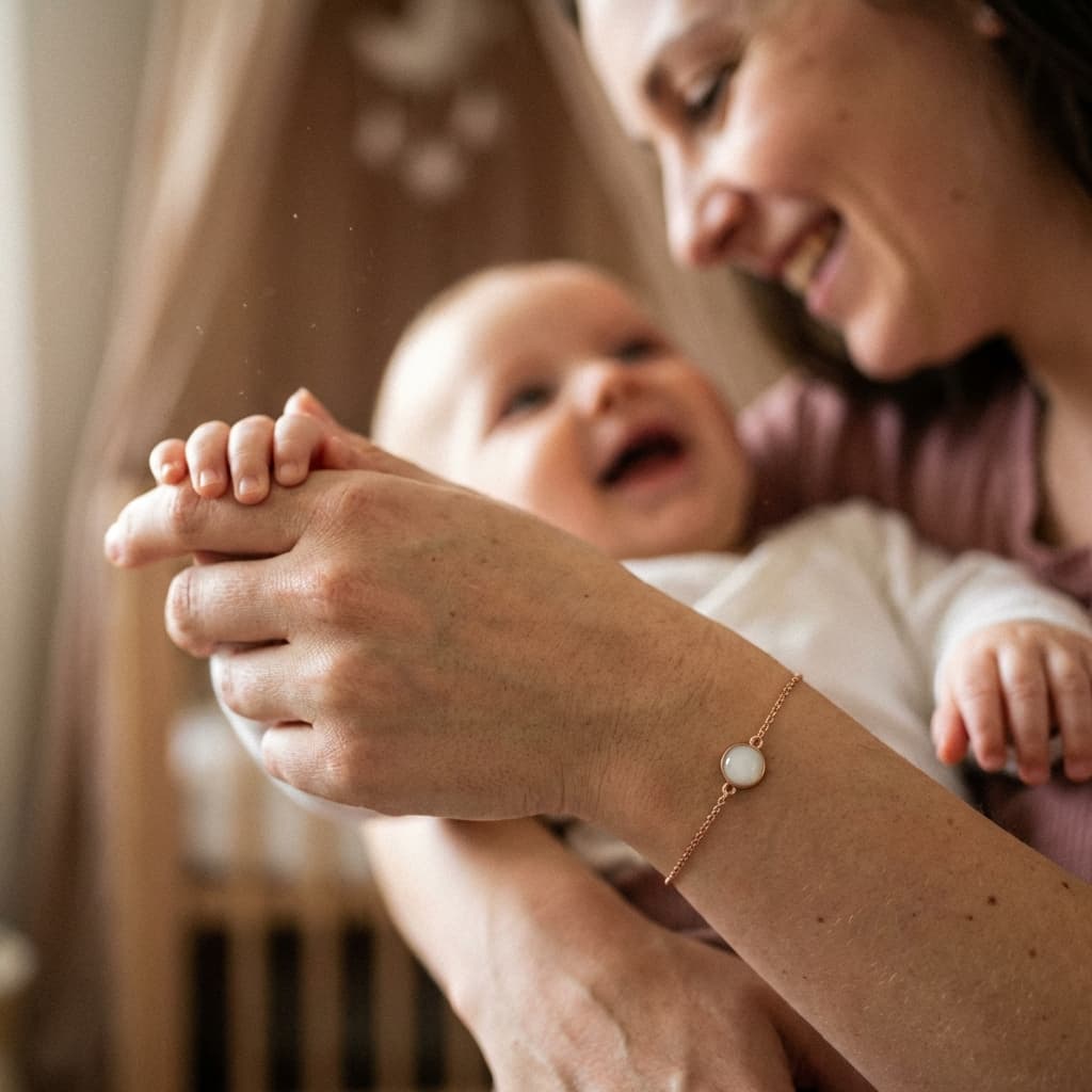 Mutter hält die Hand ihres Babys, während sie ein DIY Kit Muttermilch Armband mit milchigem Stein als persönliches Erinnerungsstück trägt – eine liebevolle Möglichkeit, besondere Momente zuhause zu bewahren.