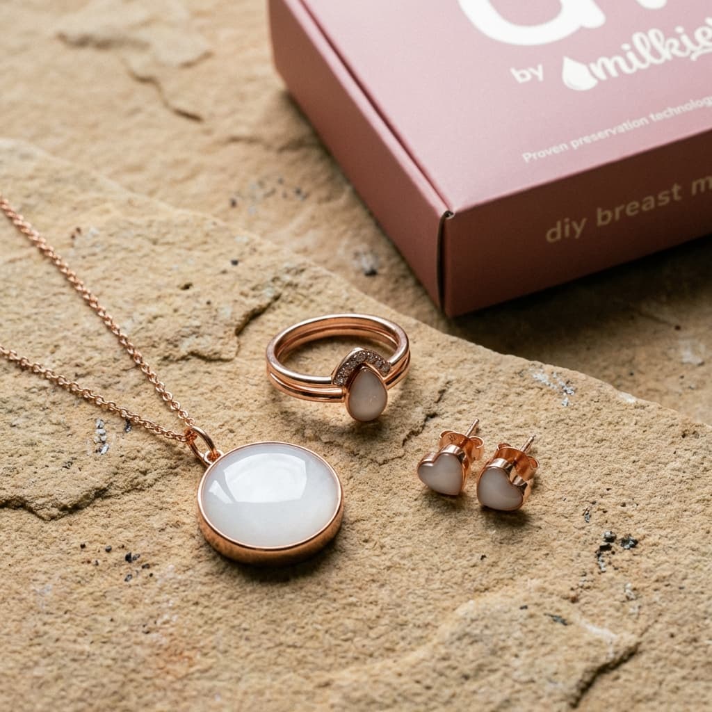 Roségoldfarbener Schmuck aus diy muttermilchschmuck: runder Anhänger an Kette, Ring mit Tropfenstein und Herz-Ohrstecker auf einer Steinplatte, daneben die DIY by MILKIES Kit-Box.