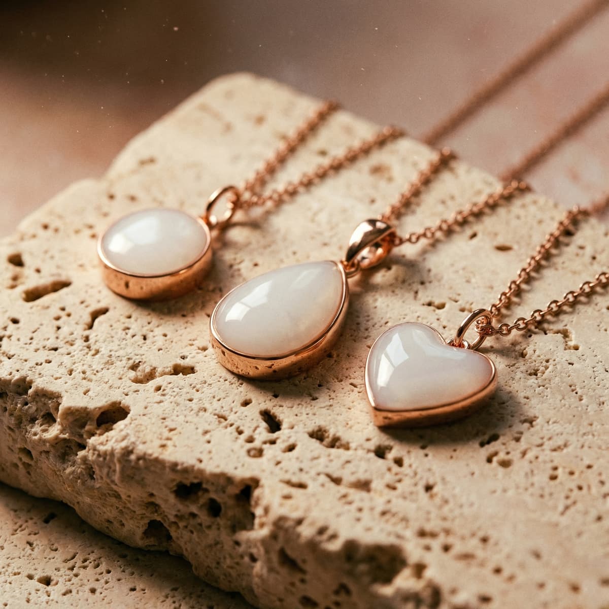 Elegante Kette mit drei Anhängern in Roségold-Optik (rund, tropfenförmig und herzförmig) mit milchig-weißem Stein als Beispiel für ein DIY Set Kette aus Muttermilch, auf Naturstein arrangiert.