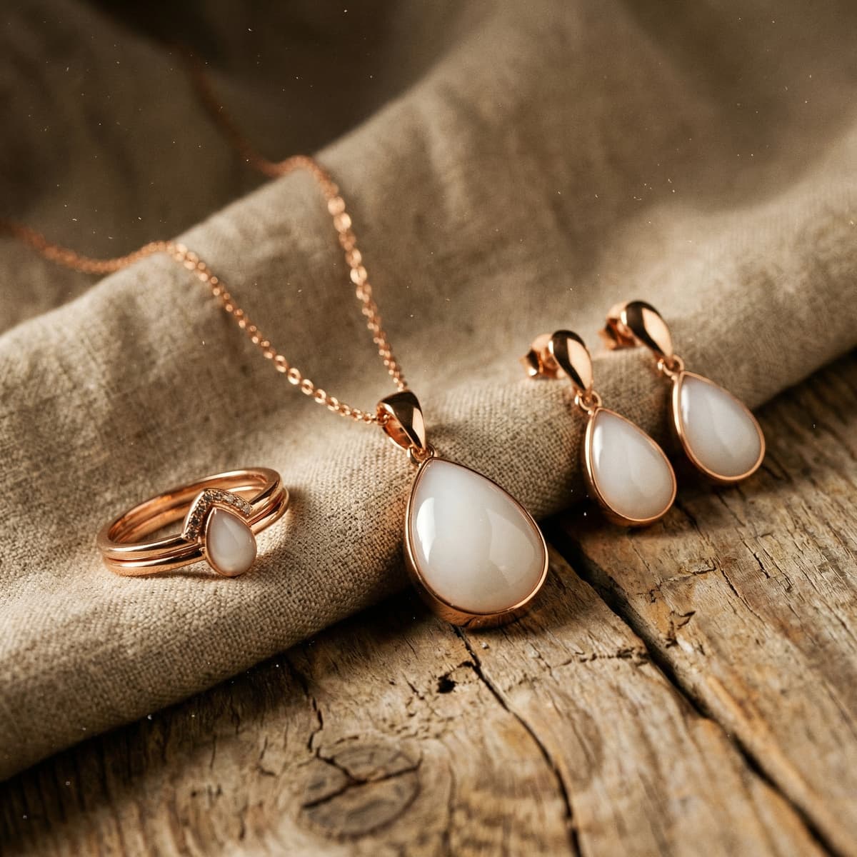 Elegantes rosegoldfarbenes Schmuckset als Erinnerung an die Stillzeit: Kette mit tropfenförmigem milchig-weißem Anhänger sowie passende Ohrringe und Ring auf Stoff und Holz präsentiert.