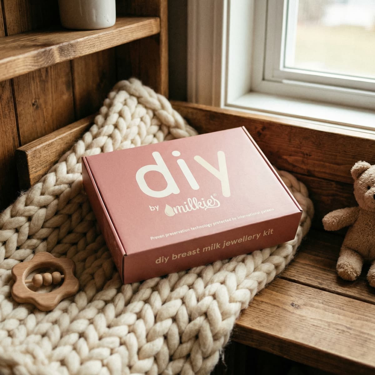 Stilvolle DIY by MILKIES Box für Muttermilch-Schmuck als geschenk für neue mutter auf grob gestrickter Decke am Fenster, neben Teddy und Holz-Beißring.