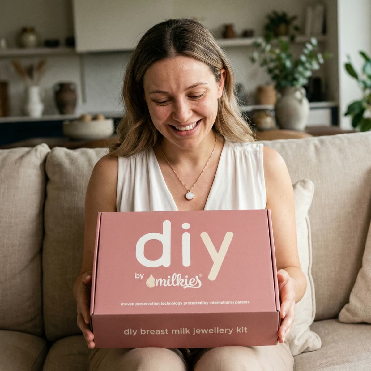 Glückliche Mutter hält zu Hause die rosa DIY by MILKIES Box „breast milk jewellery kit“ – ein persönliches geschenk für neue mutter, um dank patentierter Konservierungstechnologie selbst ein bleibendes Erinnerungsstück zu gestalten.