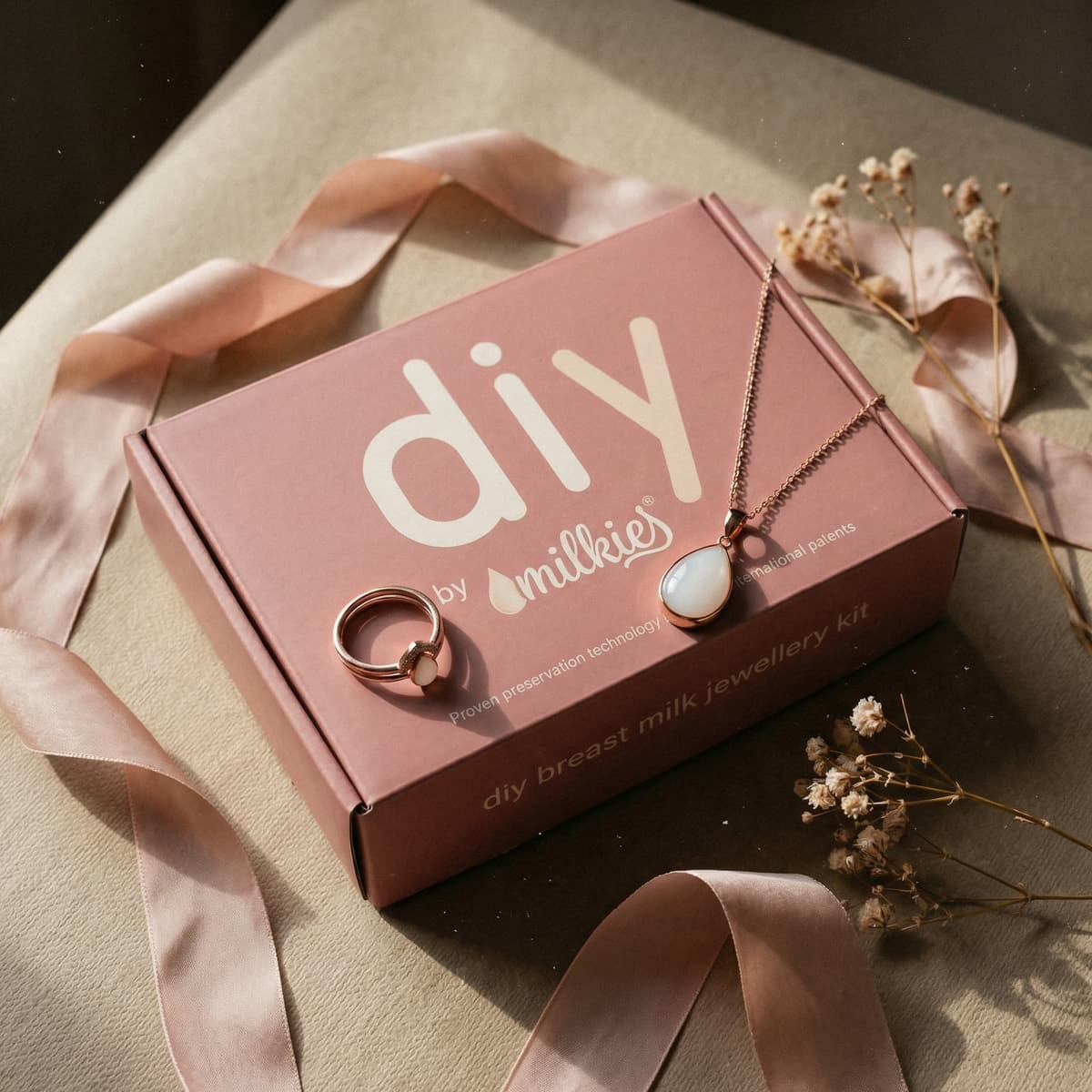 Rosa DIY by MILKIES Brustmilch-Schmuckkit-Box mit roségoldfarbener Halskette und Ring, dekoriert mit Schleifenband und Trockenblumen – persönliches geschenk für stillende mütter