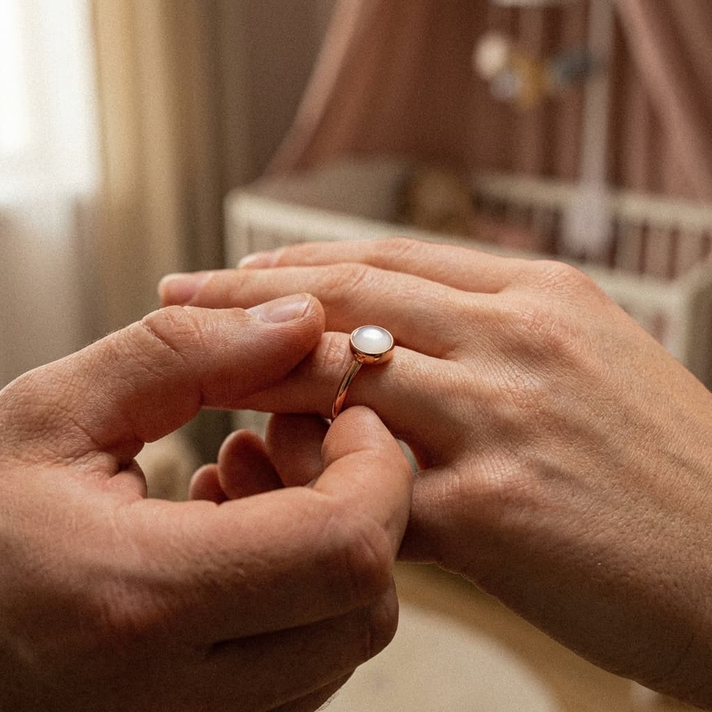 Nahaufnahme: Hände stecken einer Frau liebevoll einen zarten Goldring mit milchig-weißem Stein an – ein persönliches Geschenk zur Entbindung.