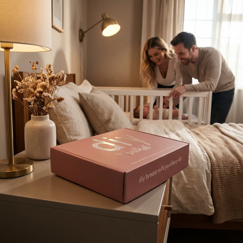 In einem gemütlichen Schlafzimmer liegt ein rosa DIY by MILKIES Brustmilch-Schmuckset auf dem Nachttisch, während ein Paar lächelnd über ein Baby im Gitterbett schaut – ein besonderes Geschenk zur Entbindung.