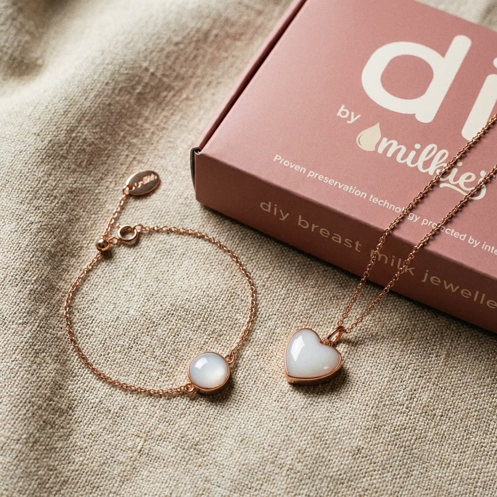 Elegantes DIY by MILKIES Set als Geschenk zur Entbindung: roségoldener Herzanhänger und Armband mit milchig-weißen Steinen neben rosa Kit-Box