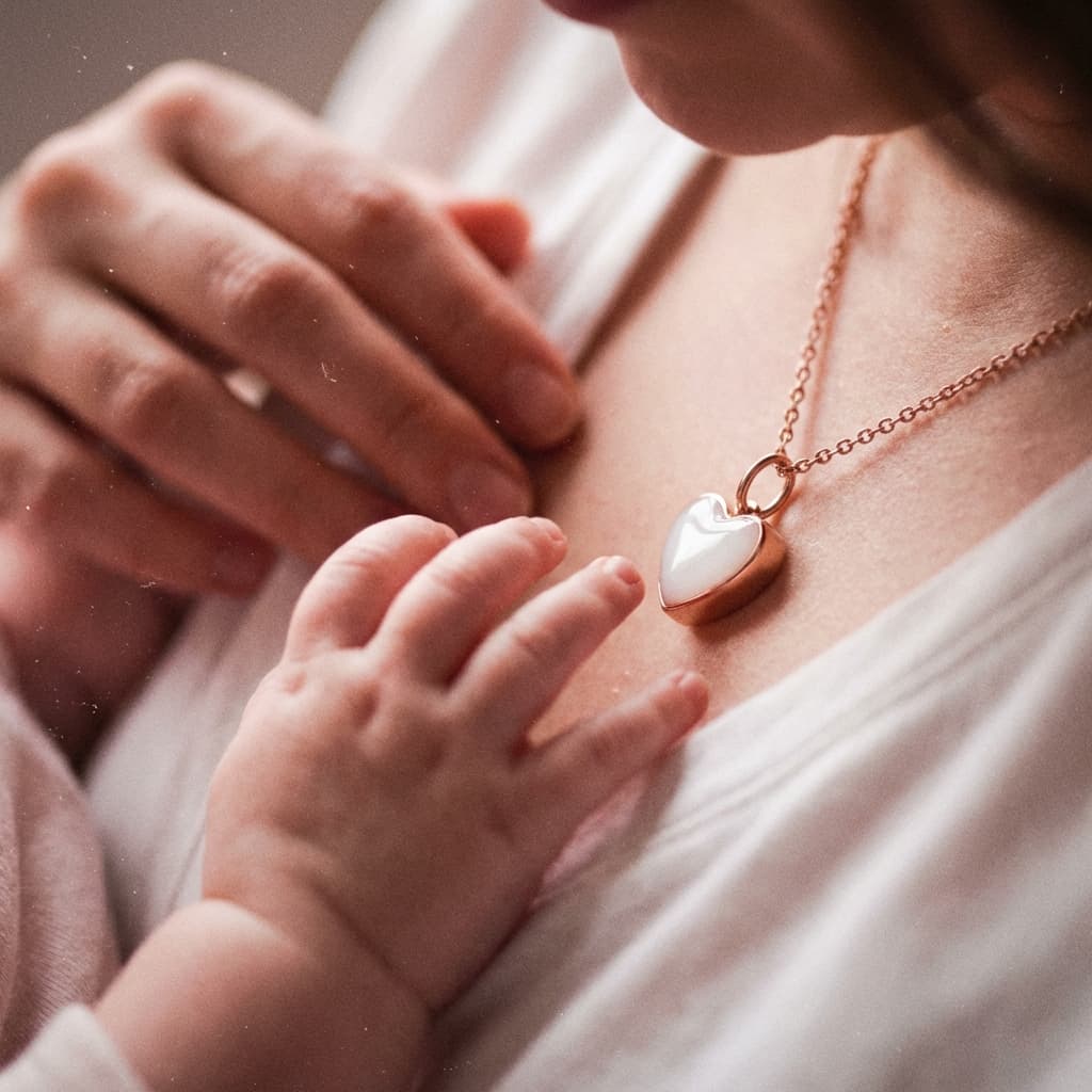 Eine Mutter hält ihr Baby im Arm, während eine zarte Herz-Anhänger-kette muttermilch als Erinnerungsstück auf ihrer Brust im Fokus steht.