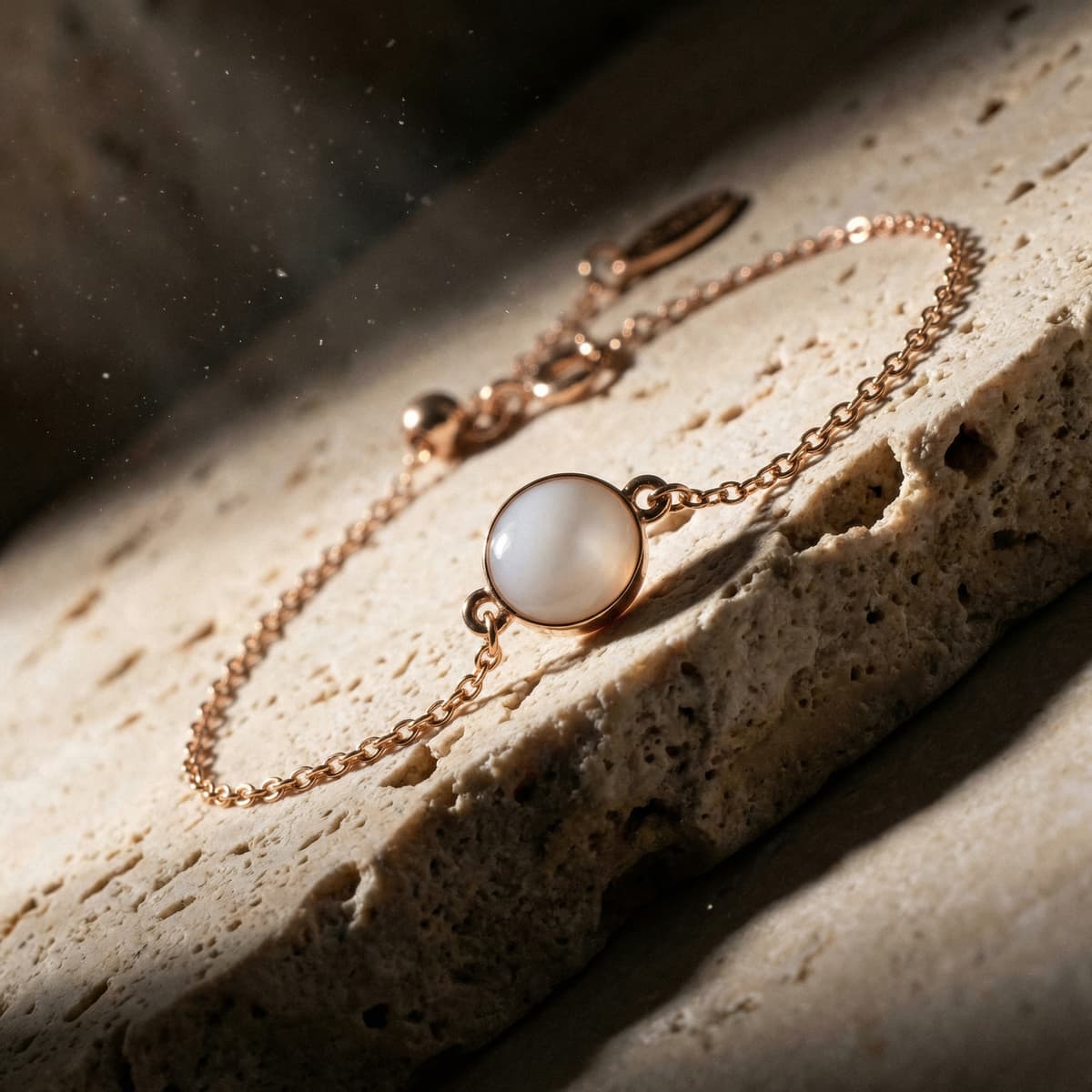 Elegantes goldfarbenes Armband mit rundem, milchig-weißem Harzstein als Beispiel für ein Muttermilch Armband Bastelset, auf hellem Naturstein im warmen Licht fotografiert.