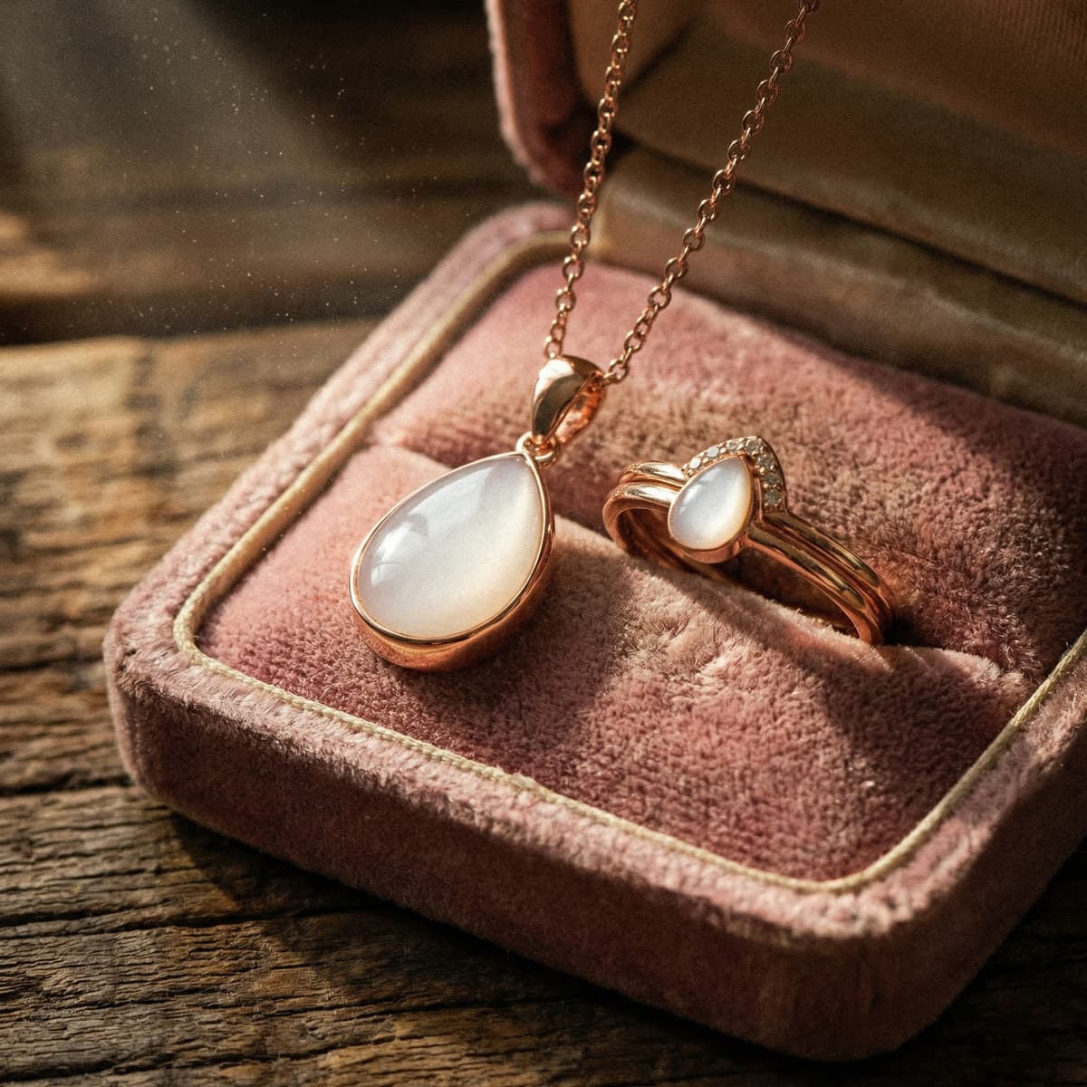 Roségoldener Anhänger und Ring mit milchig-weißen Steinen in einer rosafarbenen Schmuckschatulle – elegante Muttermilch Erinnerung als handgefertigtes Keepsake-Schmuckstück.