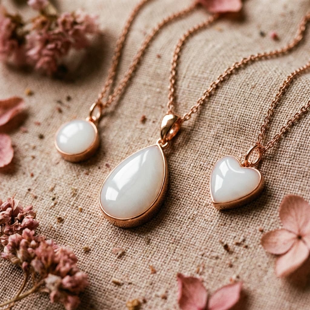 Elegantes roségoldenes Schmuck-Set mit milchig-weißen Harzsteinen auf Leinenstoff, ideal als muttermilch halskette DIY und persönliches Erinnerungsstück.