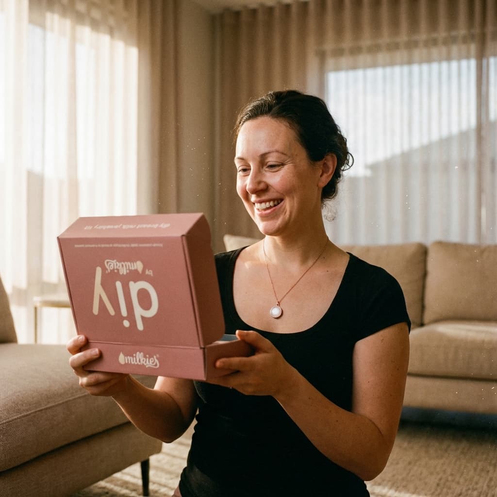 Glückliche Mutter hält zu Hause eine DIY by MILKIES Box in den Händen und trägt eine runde Erinnerungskette – warum eine muttermilch halskette DIY mit dem Kit einfach, privat und professionell selbst gemacht werden kann.