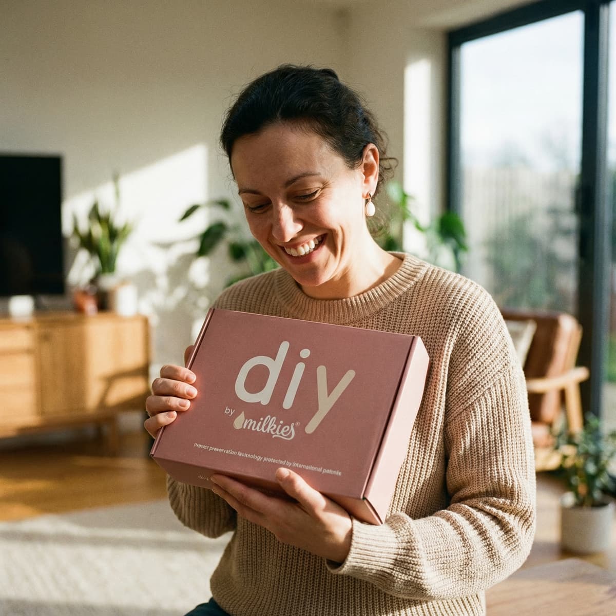 Glückliche Mutter hält zu Hause die DIY by MILKIES® Box in den Händen – eine gute Idee, um Muttermilch Ohrstecker als persönliches DIY-Erinnerungsstück sicher aufzubewahren und selbst herzustellen.