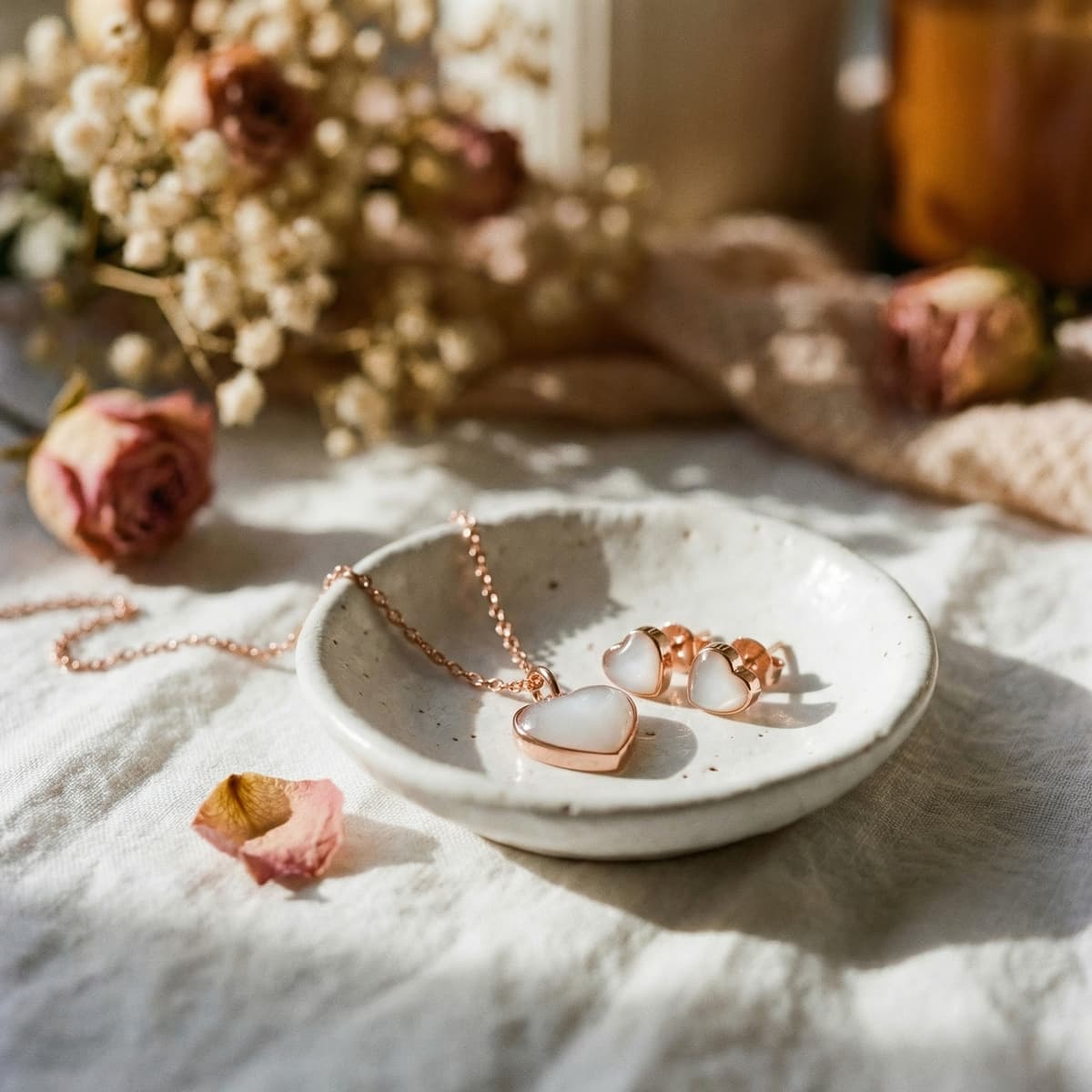Elegante Herzkette und Herz-Ohrstecker in Roségold auf einer Keramikschale, stilvolle Inspiration für Muttermilch Schmuck DIY mit zarten Trockenblumen im Hintergrund.