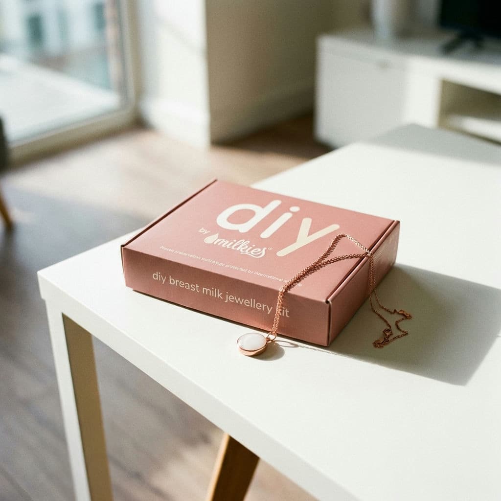 DIY by MILKIES® Set für eine Muttermilchkette in rosafarbener Box auf weißem Tisch, roségoldene Halskette mit rundem Anhänger im Sonnenlicht