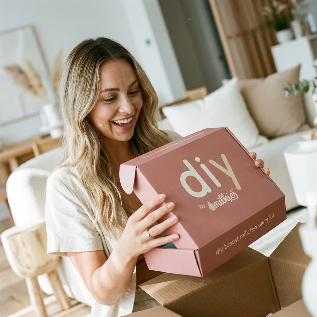 Glückliche Mutter packt zu Hause ein Muttermilchschmuck Bastelset von DIY by MILKIES aus einer stilvollen Box „diy breast milk jewellery“ aus – als Hinweis, warum das DIY‑Kit ein persönliches Andenken zum Selbermachen ist.