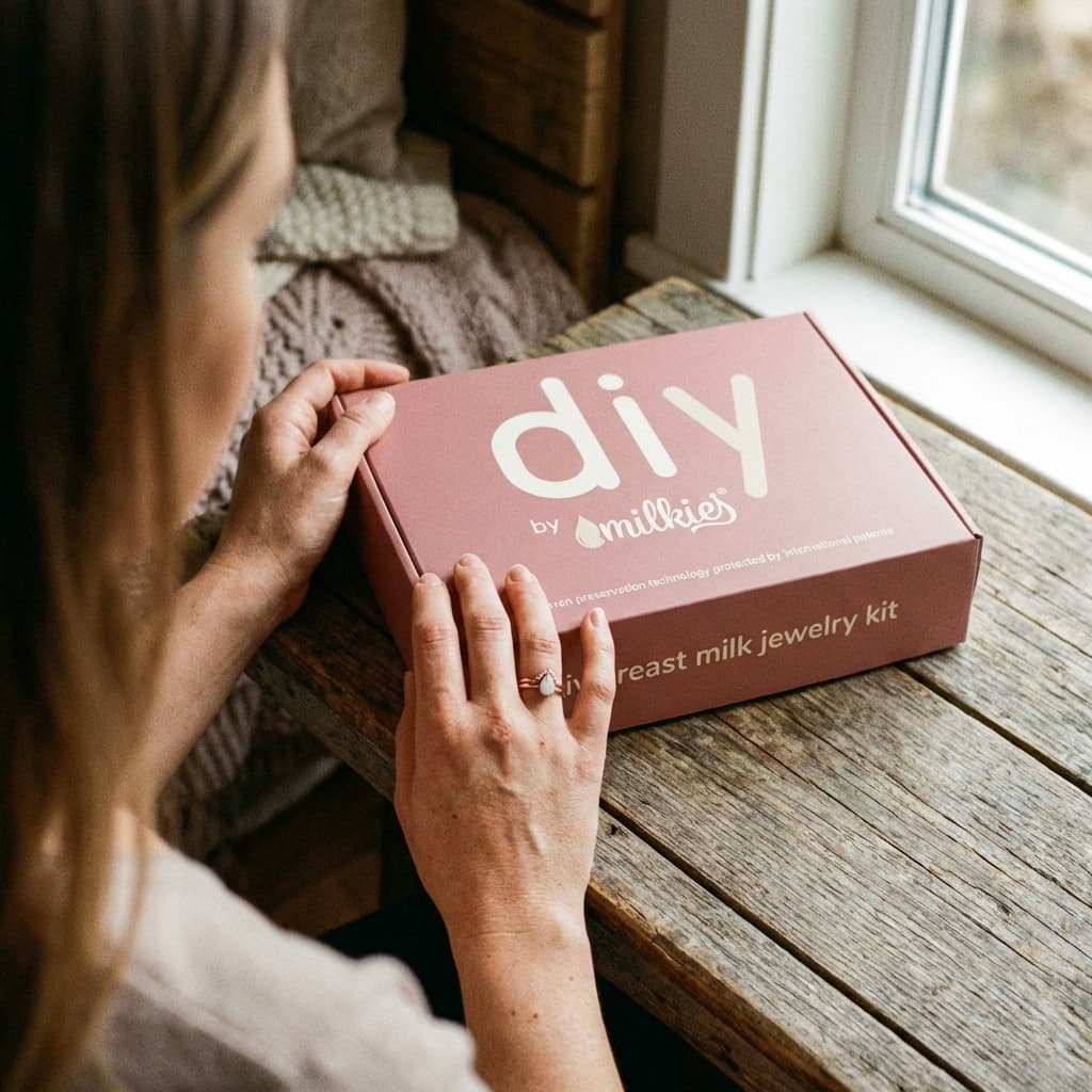 Eine Mutter öffnet am Holztisch das DIY by MILKIES Muttermilchschmuck DIY Kit in einer rosa Box – ideal, um den Erinnerungs-Schmuck zu Hause privat und selbst zu gestalten.