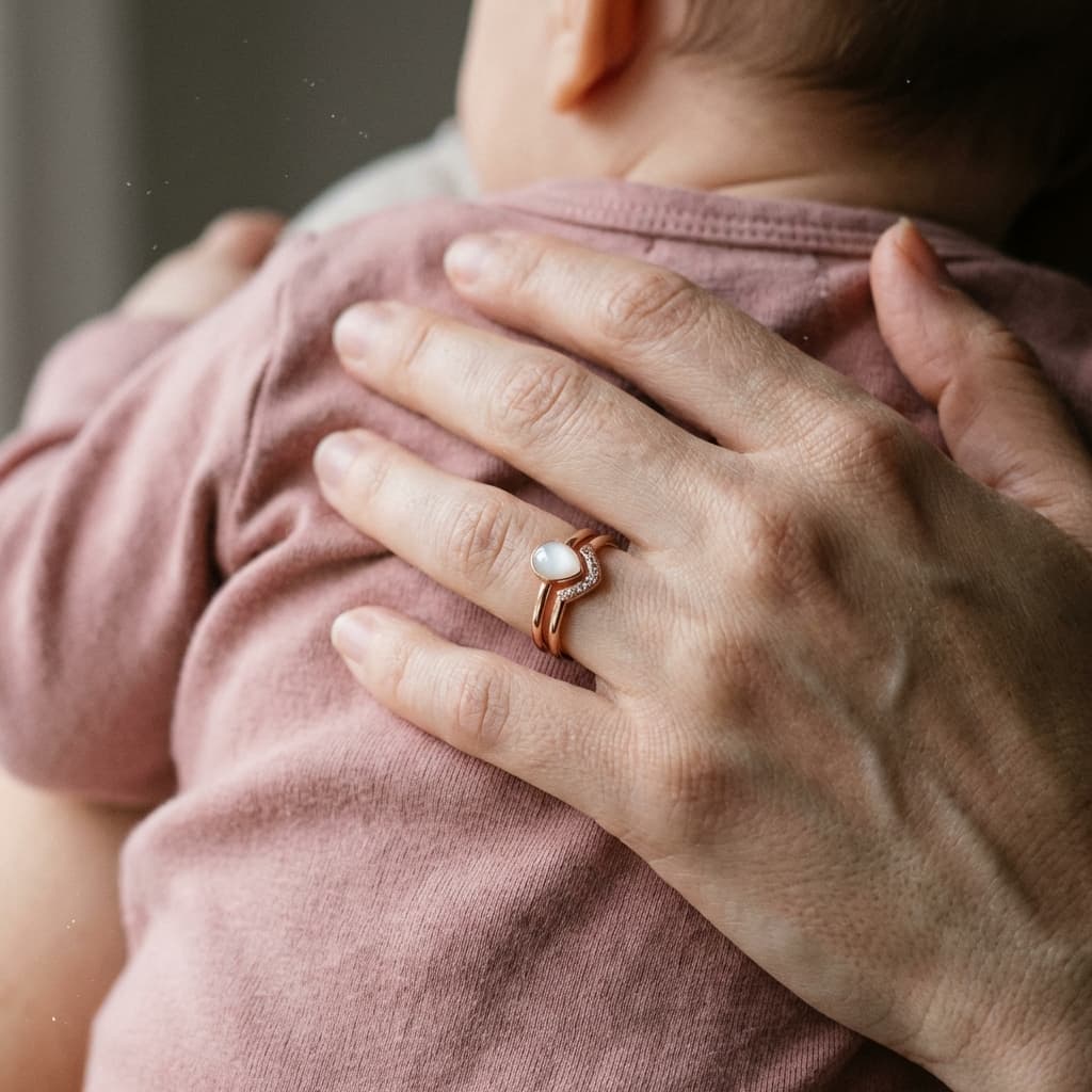 Hand einer Mutter, die ihr Baby im rosafarbenen Strampler hält, mit einem zarten goldfarbenen ring mit muttermilch und funkelnden Steinen als Erinnerungsschmuck.