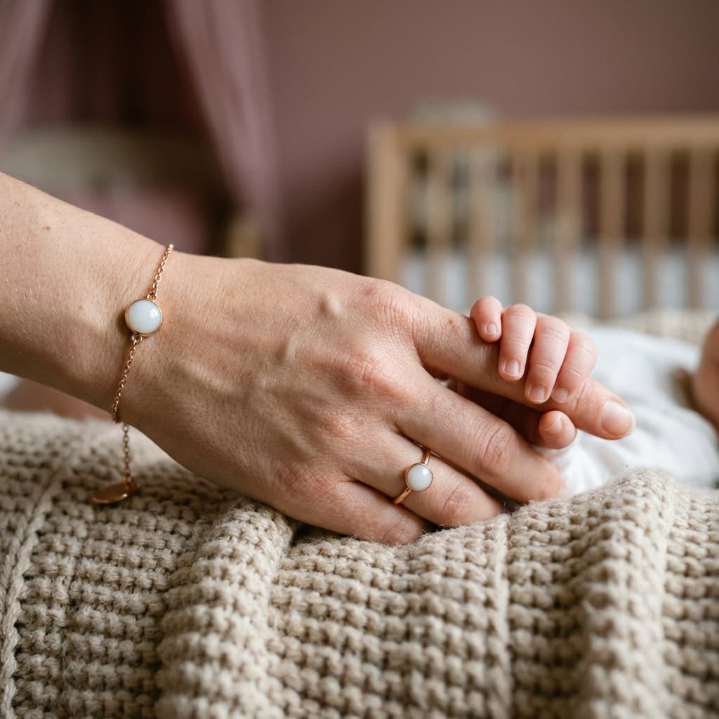 Zarte Hand einer Mutter, die die Hand ihres Babys hält, mit Ring und Armband als Schmuck aus Muttermilch in goldener Fassung vor unscharfem Kinderzimmer-Hintergrund.