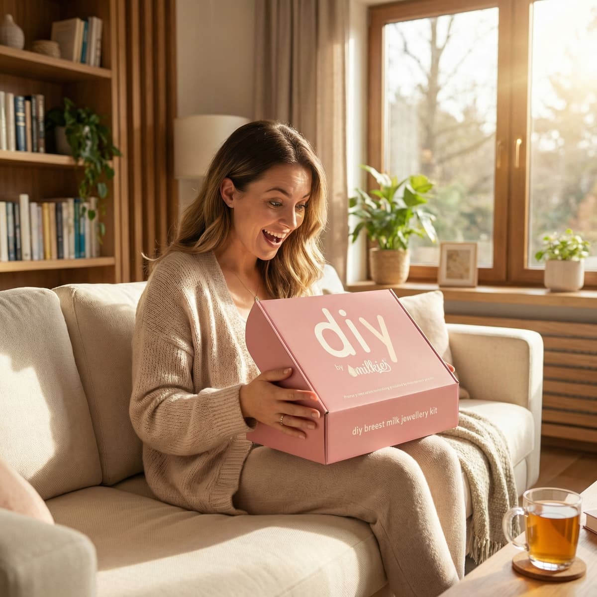 Eine Mutter sitzt im Wohnzimmer auf dem Sofa und öffnet freudig die rosafarbene DIY by MILKIES Box – ein Set für Muttermilch Ohrringe als praktische DIY‑Lösung, um zu Hause ein persönliches Erinnerungsstück zu gestalten.