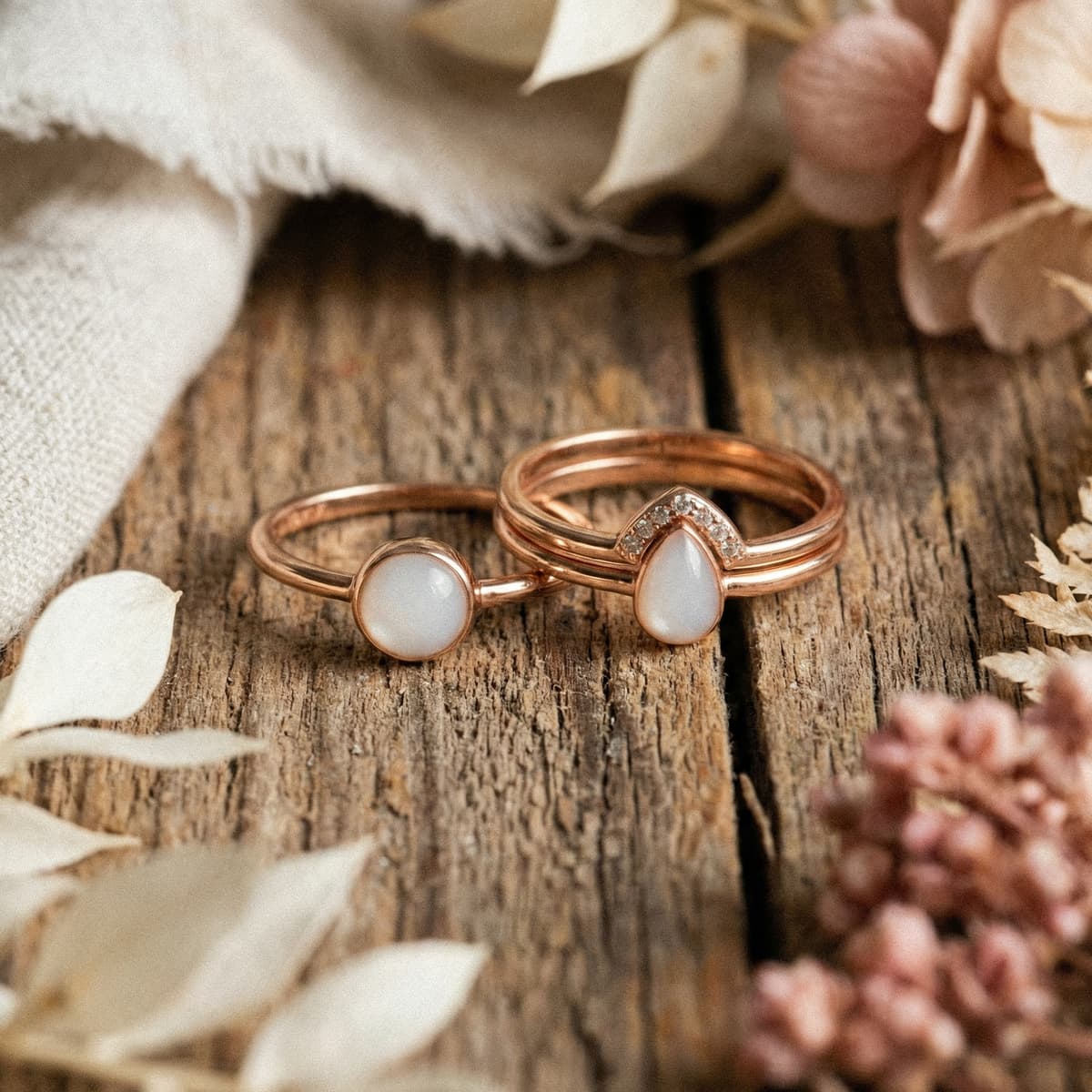 Roségoldenes Ring-Set mit milchig-weißem Stein als Set Muttermilchring DIY, arrangiert auf rustikalem Holztisch zwischen zarten Trockenblumen.