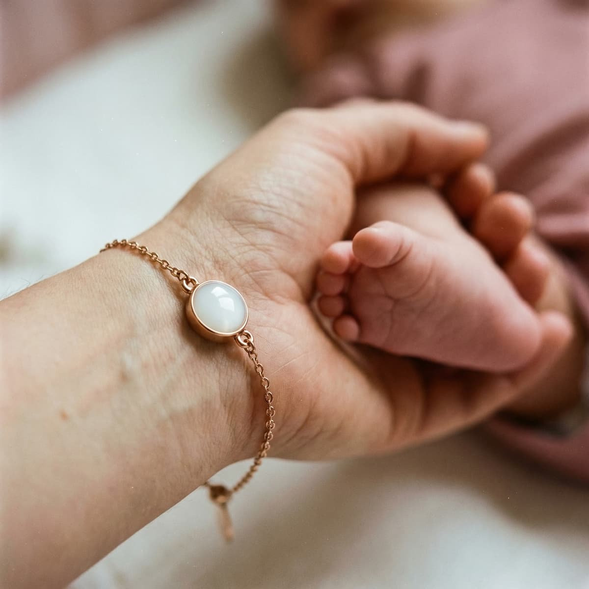 Hand einer Mutter hält einen Babyfuß, während sie ein zartes roségoldenes Armband mit milchig-weißem Cabochon trägt – Still-Erinnerungsstück aus einem Bastelset für Muttermilch Armband.