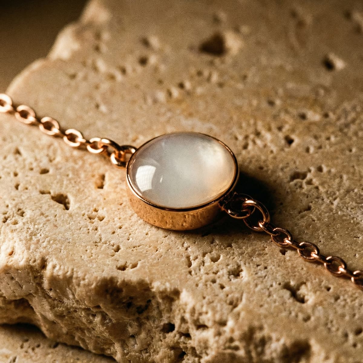 Elegantes Armband mit roségoldener Kette und milchig-weißem Cabochon-Anhänger, ideal als persönliches DIY Muttermilch Armband zum Selbermachen.
