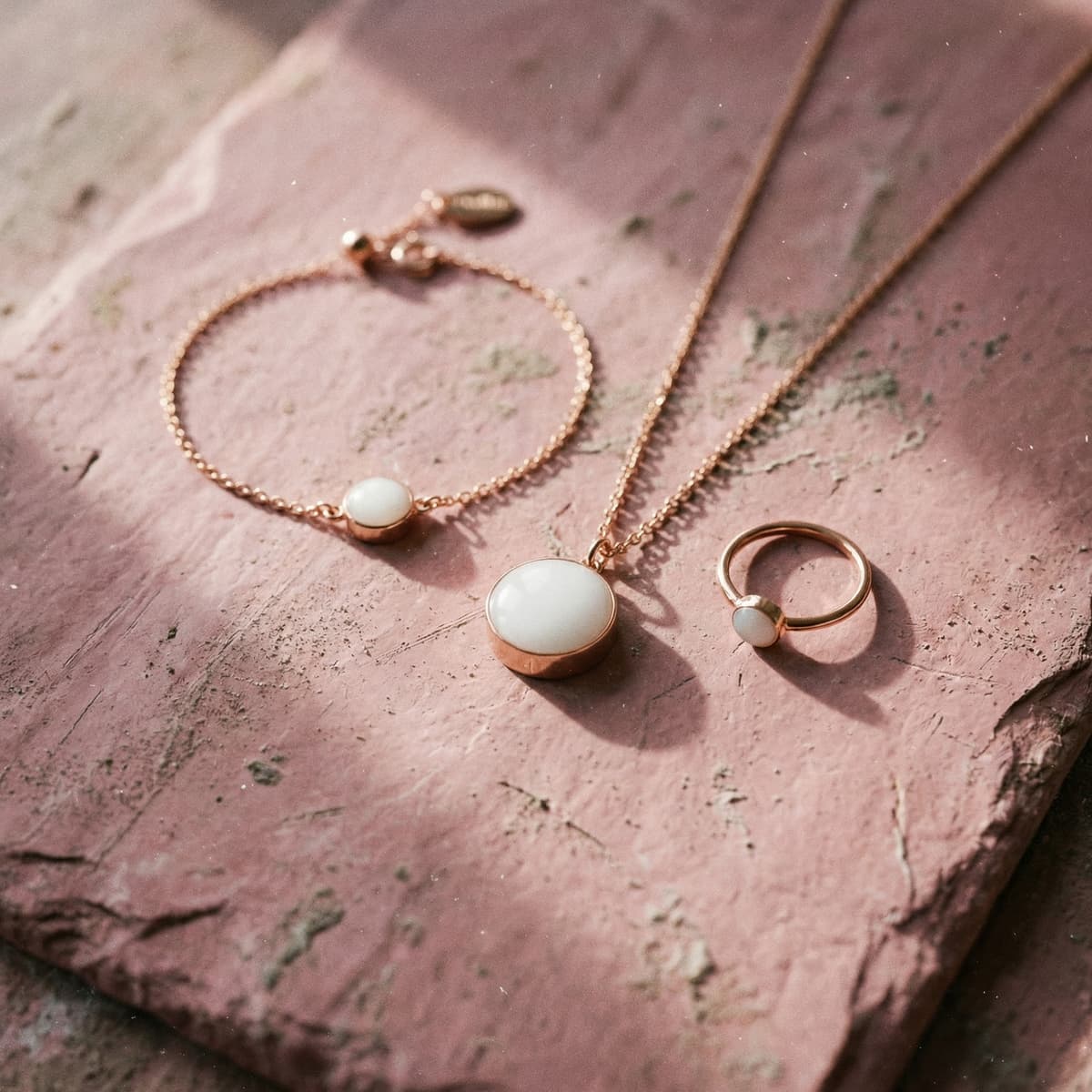 Elegantes Schmuck-Set mit passendem Armband, Halskette und Ring in Goldoptik, milchig-weißen Steinen und roséfarbener Steinplatte – ideal als DIY Set Armband aus Muttermilch für ein persönliches Erinnerungsstück.