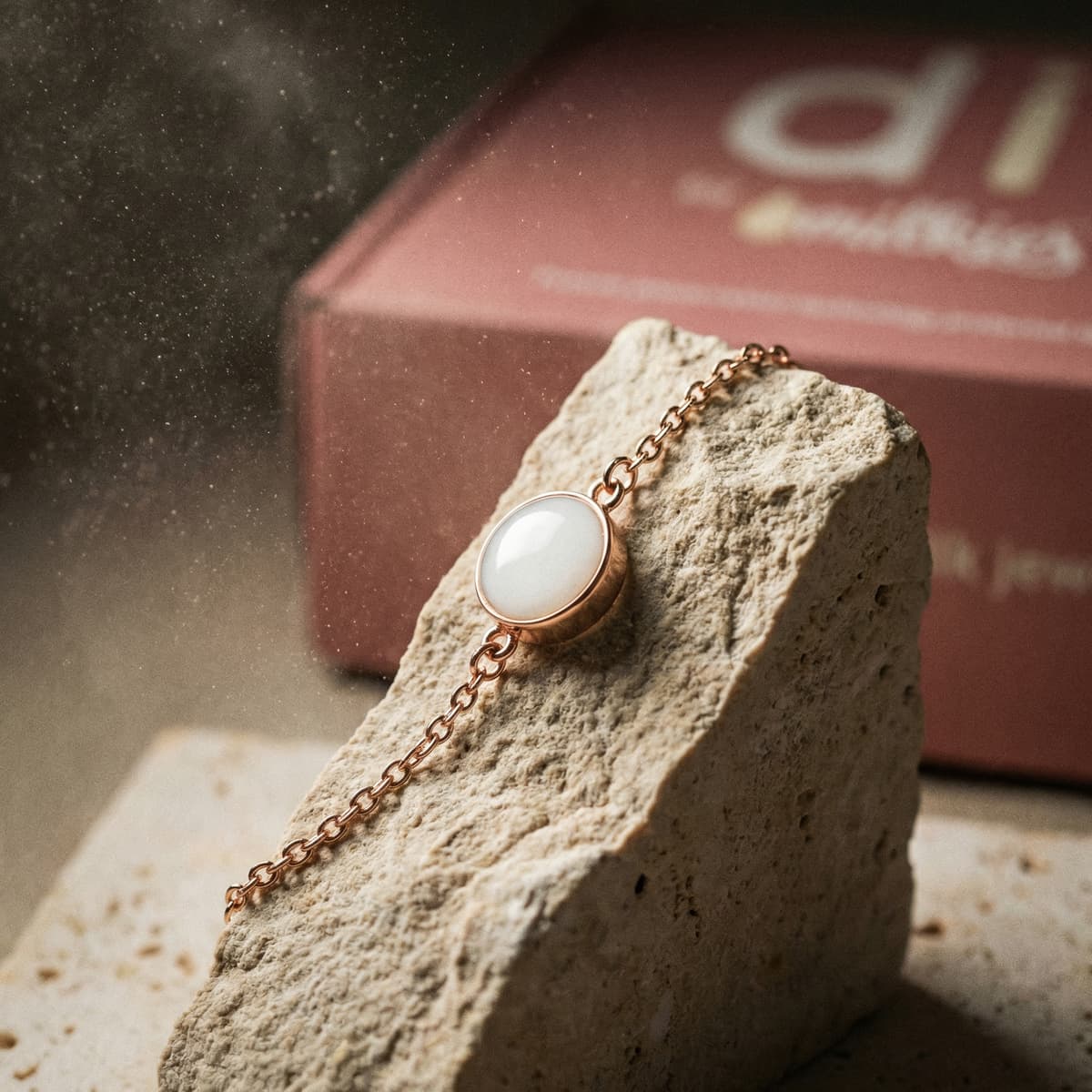 Elegantes Armband mit ovalem, milchig-weißem Cabochon in roségoldener Fassung und feiner Kette, gefertigt mit dem DIY Set Armband aus Muttermilch, auf einem Stein vor einer rosa DIY-by-MILKIES-Box.