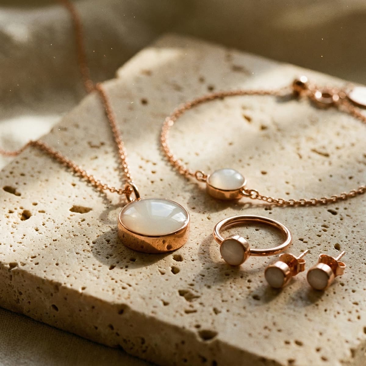 Elegantes Roségold-Schmuck-Set mit Halskette, Armband, Ring und Ohrsteckern mit milchig-weißem Cabochon, präsentiert auf hellem Stein im warmen Licht – ideal als DIY Set für Muttermilchschmuck.
