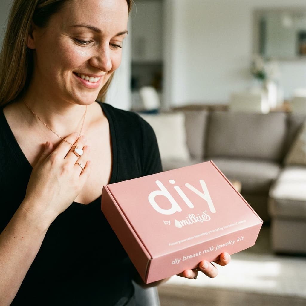 Glückliche Mutter hält die rosa DIY by MILKIES Box in den Händen – ein DIY Set für Muttermilchschmuck, das zeigt, warum sich das Kit lohnt: als einfache Möglichkeit, zu Hause ein persönliches Erinnerungsstück zu gestalten.