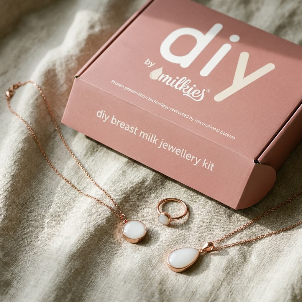 Elegantes DIY by MILKIES Kit mit DIY Set Schmuck aus Muttermilch: rosafarbene Box „diy breast milk jewellery kit“ neben roségoldenen Kettenanhängern und Ring mit milchig-weißem Stein auf hellem Stoff.
