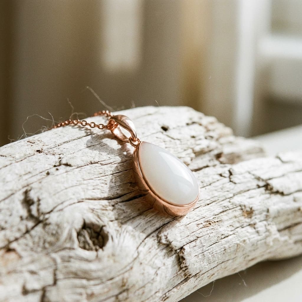 Elegante roségoldene Kette mit milchig-weißem Tropfenanhänger als Do it yourself Muttermilchschmuck-Keepsake, auf hellem Treibholz im warmen Licht fotografiert.