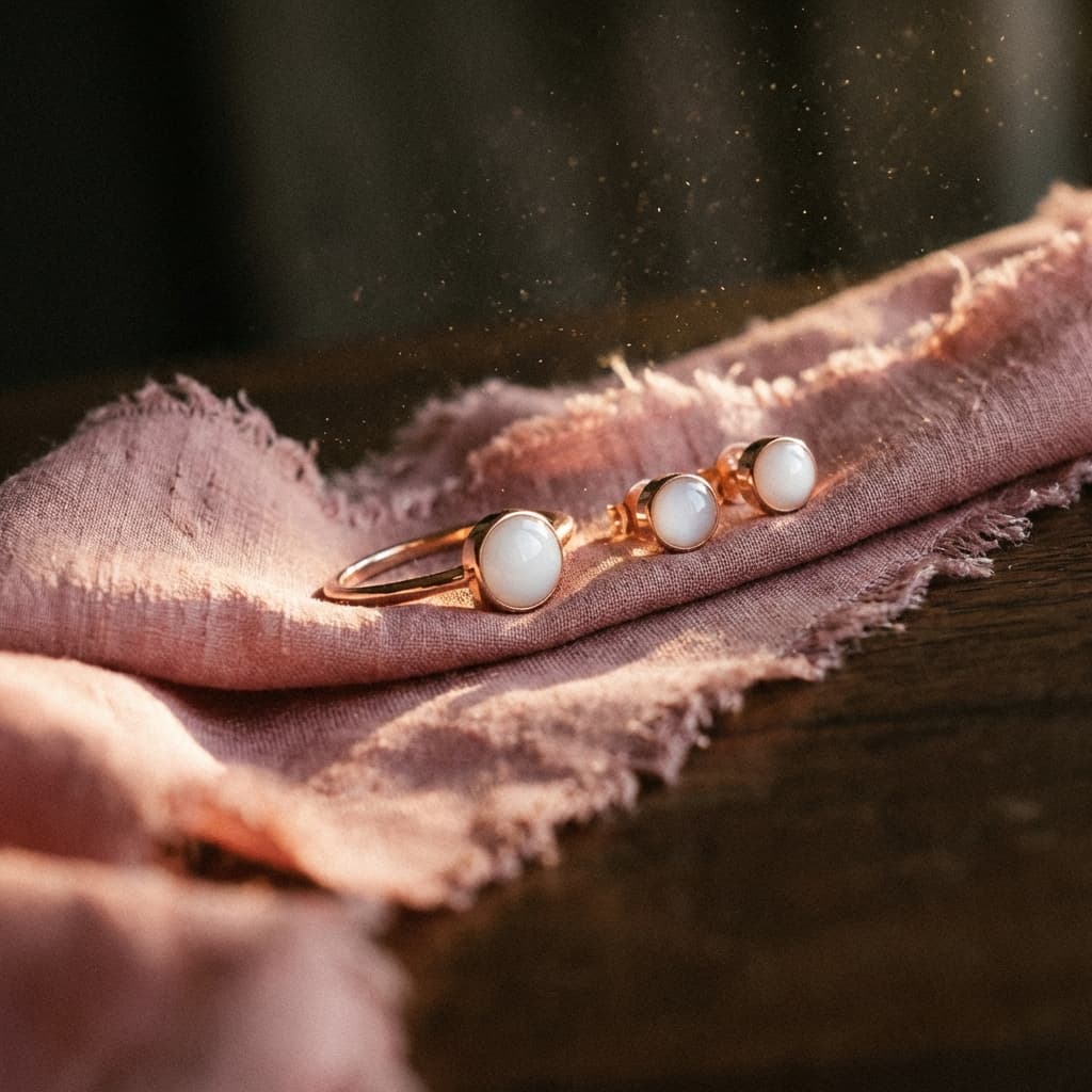Roségoldfarbener Ring und passende Ohrstecker mit milchig-weißen Steinen auf rosa Stoff im warmen Licht – eleganter Do it yourself Muttermilchschmuck als persönliches Erinnerungsstück.