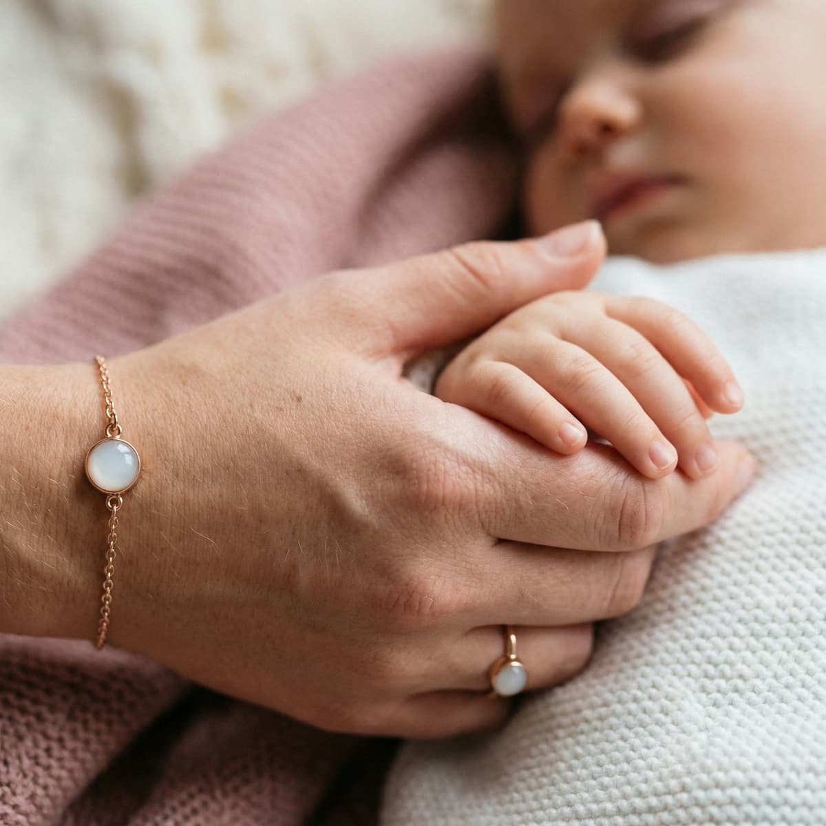 Nahaufnahme einer Mutterhand, die die Hand ihres Babys hält, mit zartem Roségold-Schmuck und milchig-weißem Stein als Erinnerung an das letzte Stillen.