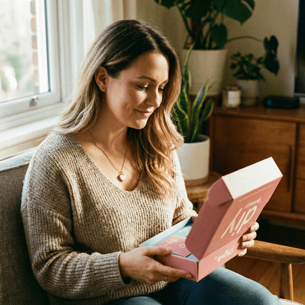 Frau im Wohnzimmer öffnet das rosa DIY by MILKIES Kit, ein Geschenk für Ehefrau zur Geburt, um zu Hause ein persönliches Muttermilch-Erinnerungsstück als Schmuck herzustellen.
