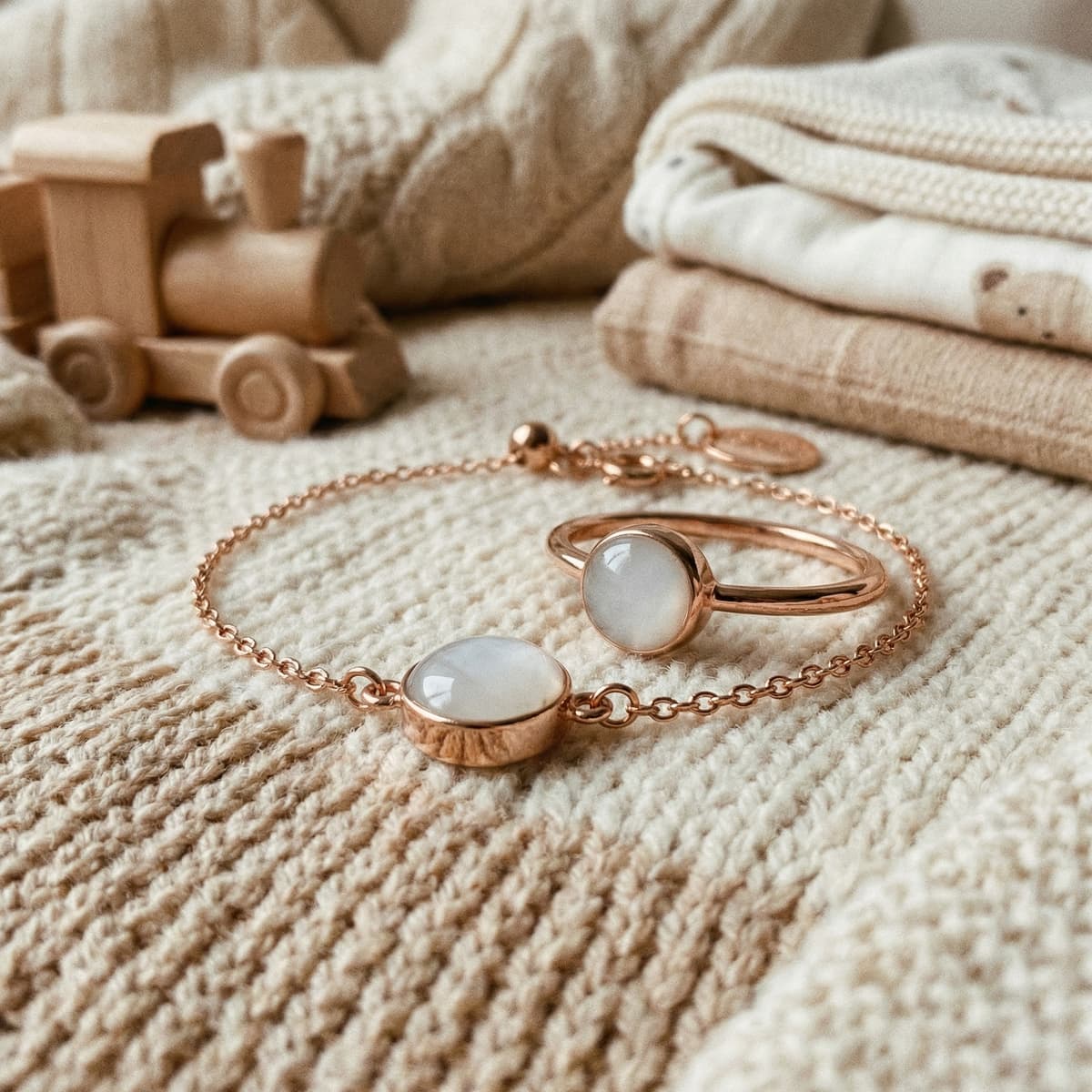 Roségoldfarbenes Schmuckset mit Kette und Ring mit milchig-weißen Cabochons auf Babydecke neben Holzspielzeug und gefalteter Babykleidung – zartes Geschenk für frischgebackene Mama.