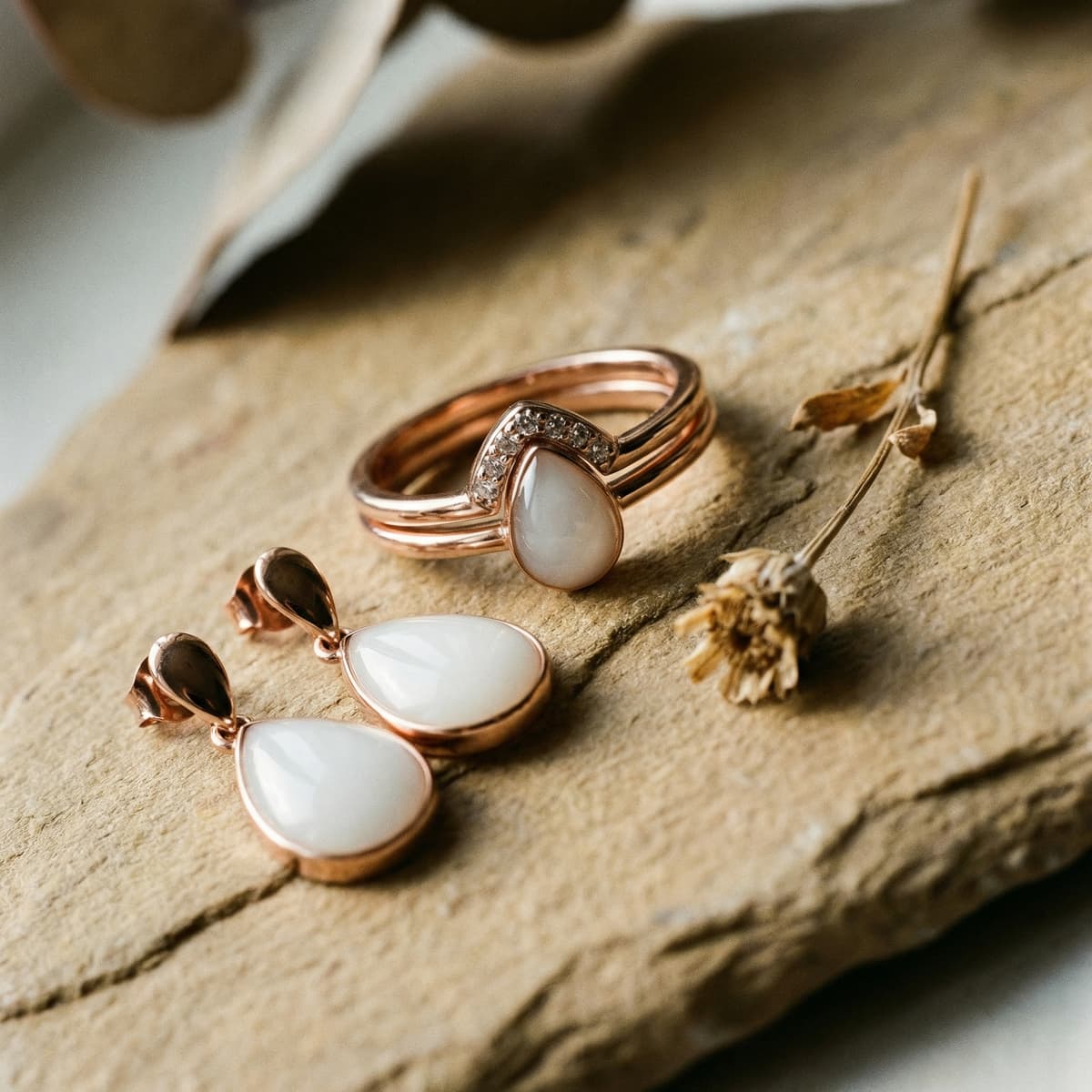 Elegante Ideen für Geschenke zur Geburt: roségoldener Ring mit milchig-weißem Tropfenstein und passende Tropfen-Ohrringe auf Naturstein mit getrockneter Blume.