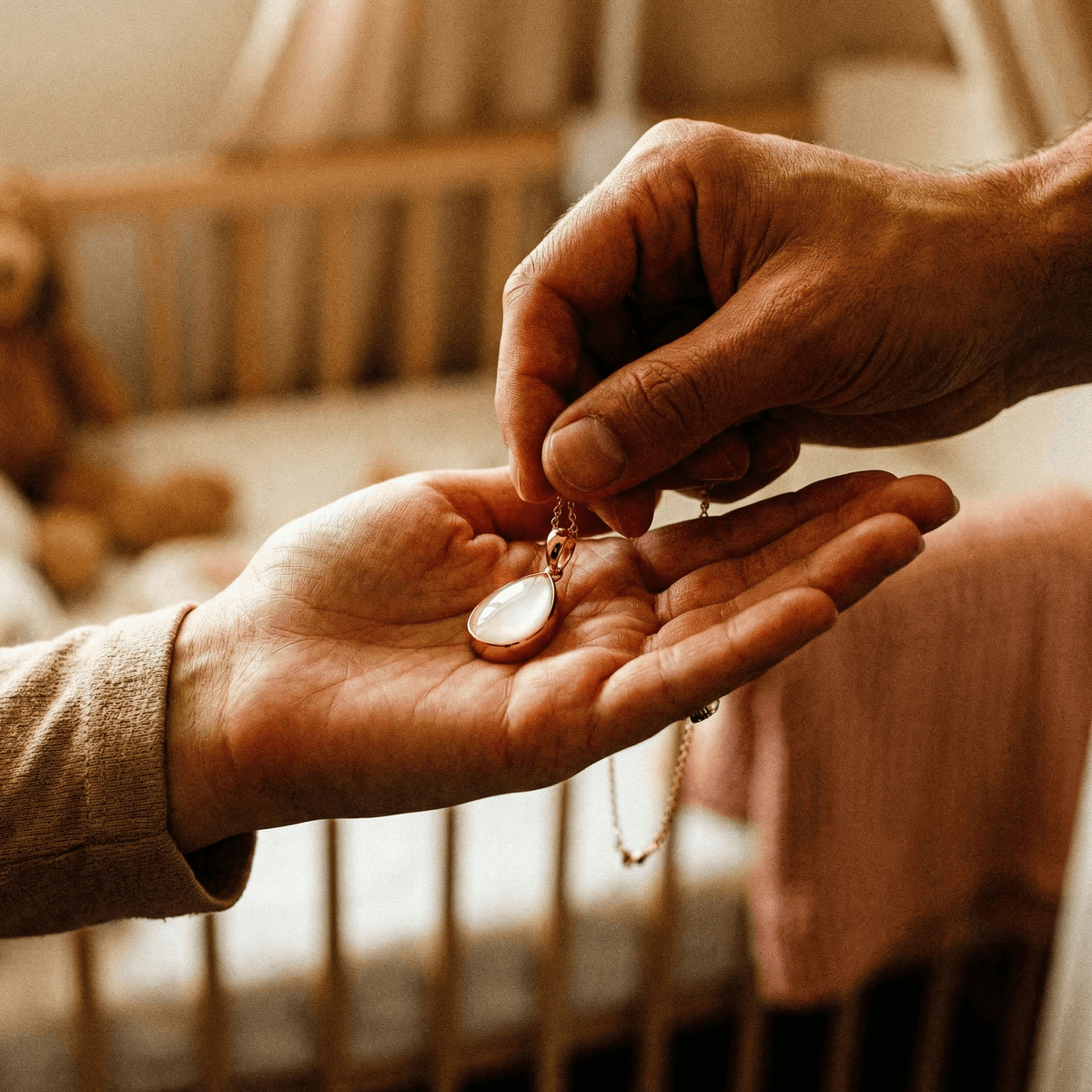 Nahaufnahme einer Mutterhand, die eine goldene Halskette mit weißem Tropfen-Anhänger als liebevolles Erinnerungsstück überreicht – Inspiration und Ideen für Geschenke zur Geburt vor einem Babybett im Hintergrund.