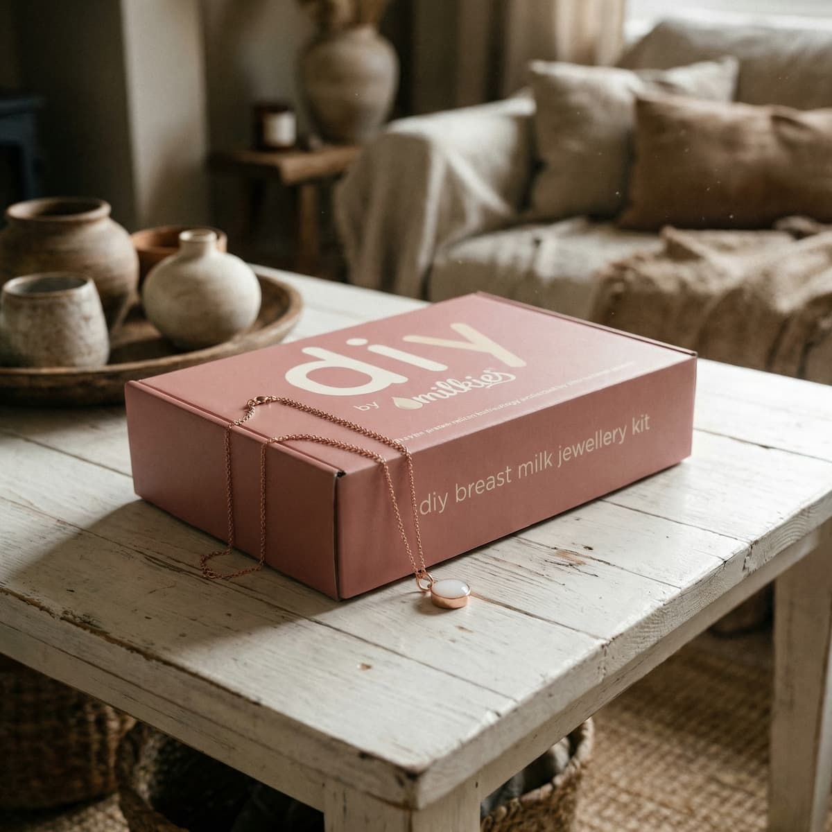 Rosa DIY by MILKIES Breast Milk Jewellery Kit auf einem Holztisch mit zarter Kette und Anhänger, mit dem man Meinen Muttermilchschmuck selber machen kann.