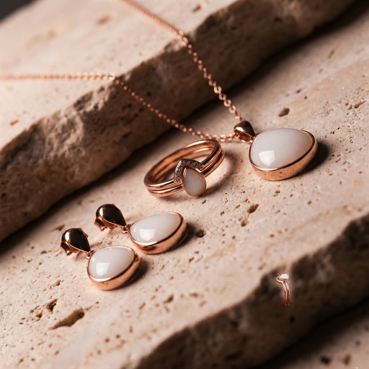 Roségoldenes Muttermilchschmuck-Set mit milchig-weißen Tropfensteinen als Halskette, Ring und Ohrstecker auf hellem Naturstein arrangiert – ideal für alle, die Meinen Muttermilchschmuck selber machen möchten.