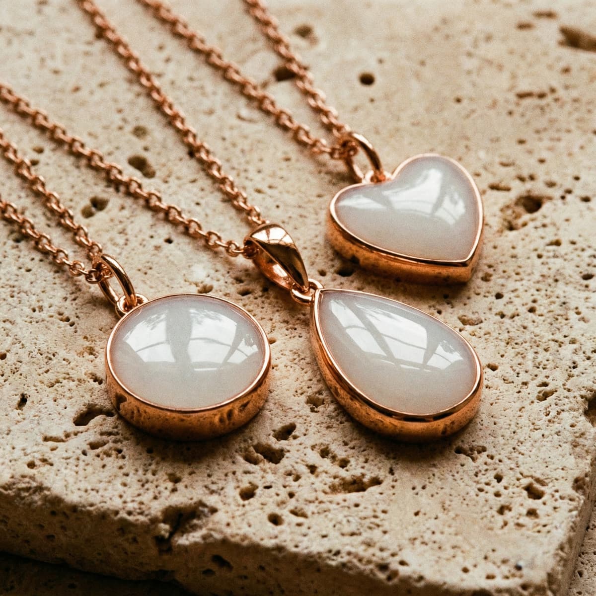 Drei roségoldene Anhängerketten mit milchig-weißen Cabochons in Herz-, Tropfen- und Rundform auf Naturstein als Inspiration, wie man eine Muttermilch Kette selber machen kann.