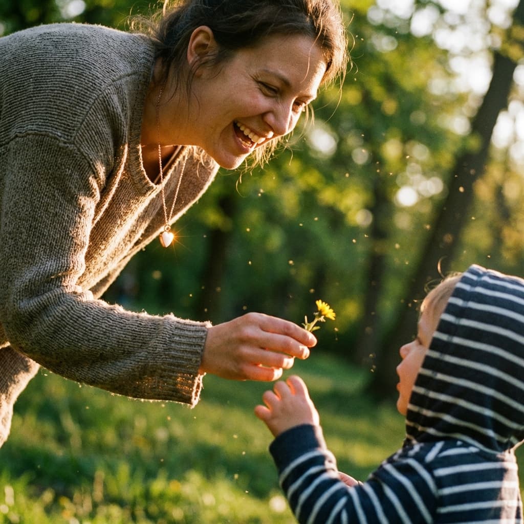 Liebevolle Mutter im Sonnenlicht reicht ihrem Kind im Park eine kleine gelbe Blume und trägt eine Kette – Inspiration für alle, die eine Muttermilch Kette selber machen und besondere Erinnerungen als Schmuck bewahren möchten.