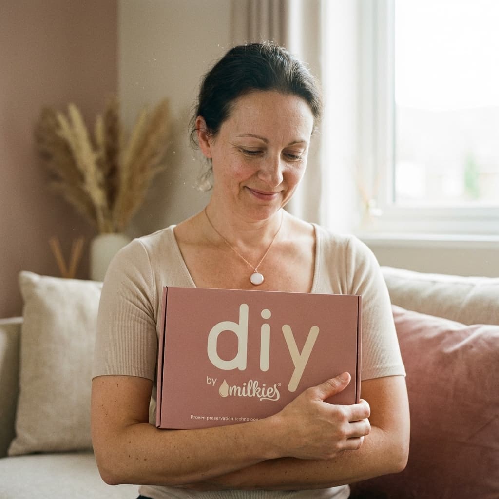 Lächelnde Frau im Wohnzimmer hält die DIY by MILKIES Box, ideal um eine Muttermilch Kette selber machen zu können – bequem, privat und mit kompletter Anleitung für zuhause.