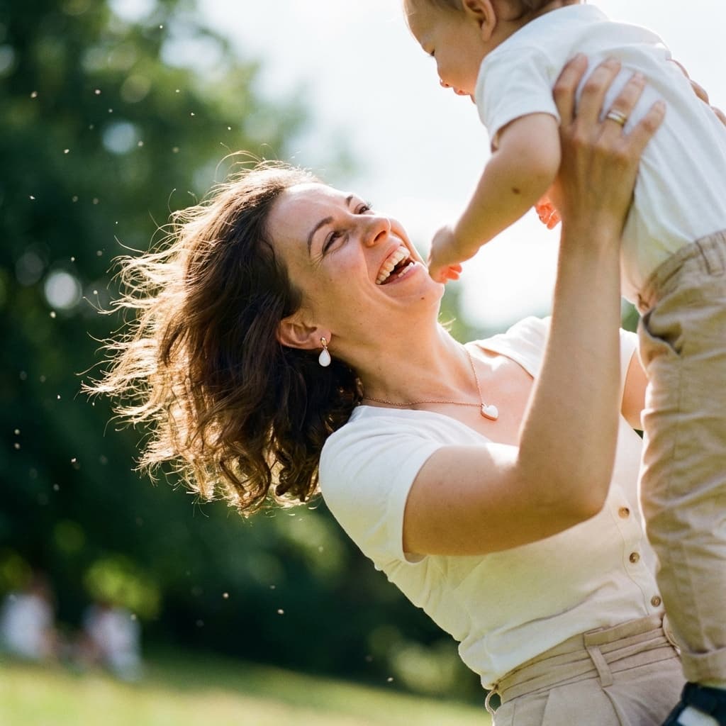 Glückliche Mutter hebt ihr Baby im sonnigen Park hoch und trägt dezenten Muttermilch Schmuck als Kette und Ohrringe.