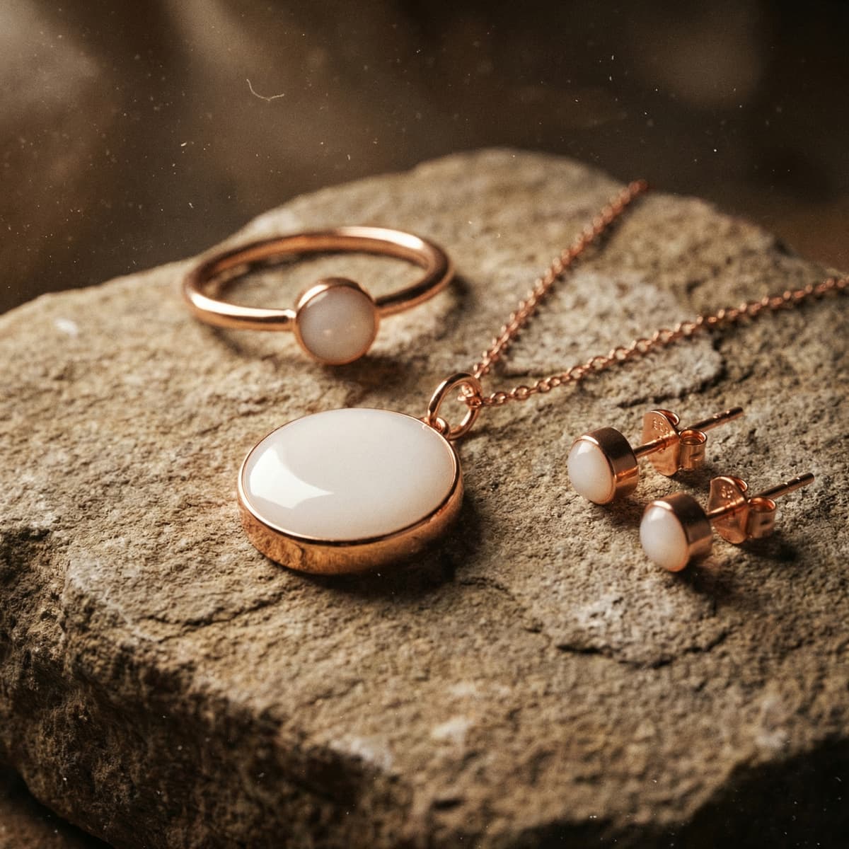 Roségoldenes Schmuckset aus Ring, Kette und Ohrsteckern mit milchig-weißem Anhänger auf Naturstein als Inspiration, wie man Muttermilch Schmuck selber machen kann.