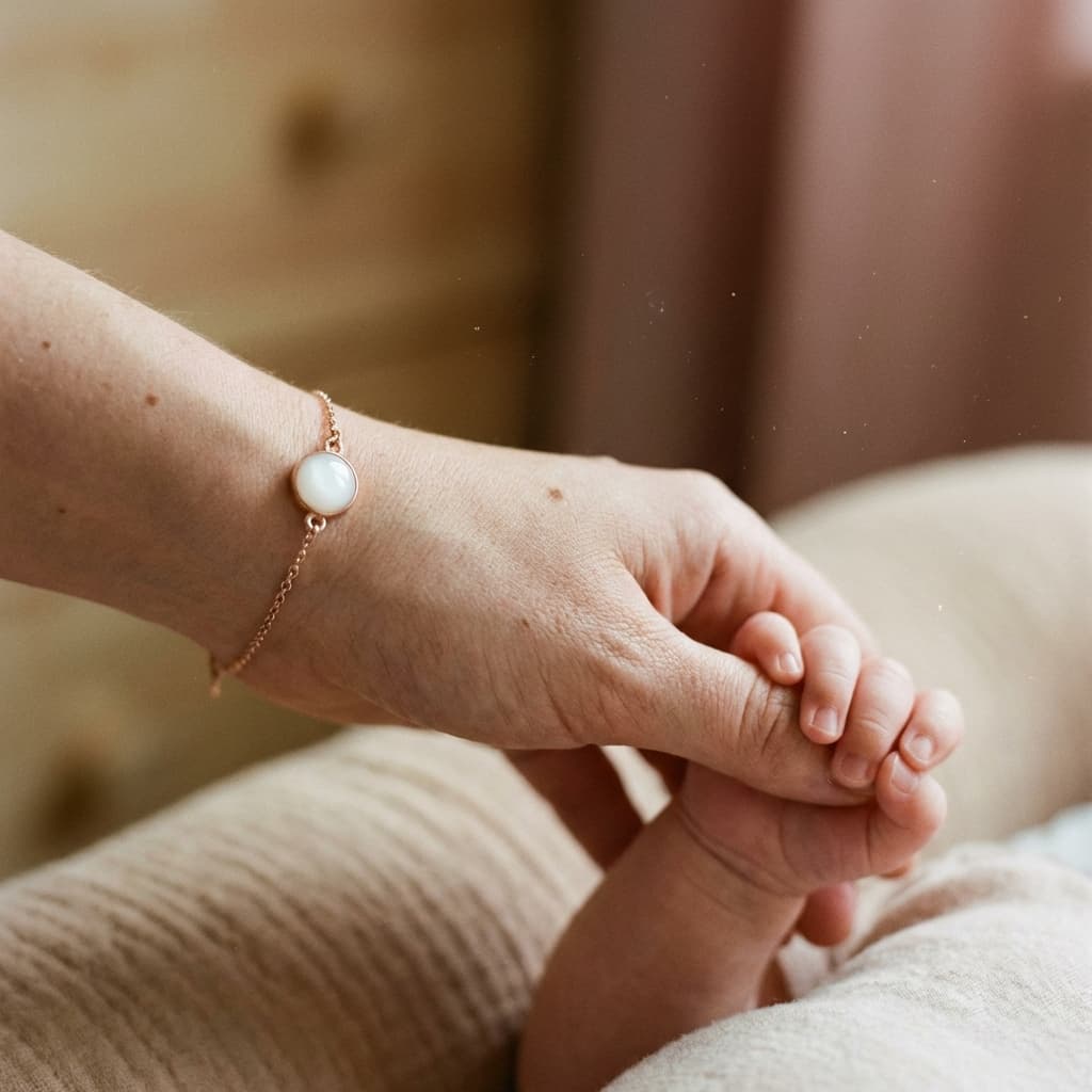 Nahaufnahme einer Mutterhand, die die Hand eines Babys hält, mit zartem Armband und milchig-weißem Anhänger als Inspiration, um Muttermilch Schmuck selber machen zu können.